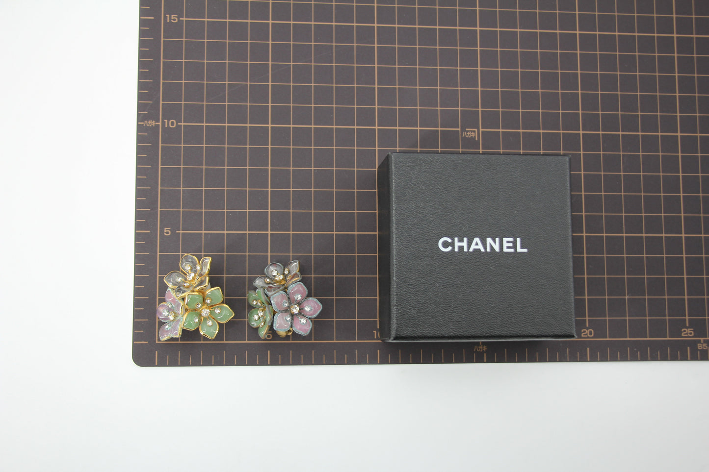 Chanel Vintage 71-80 Rhinestone Pink and Green Flower Earrings
