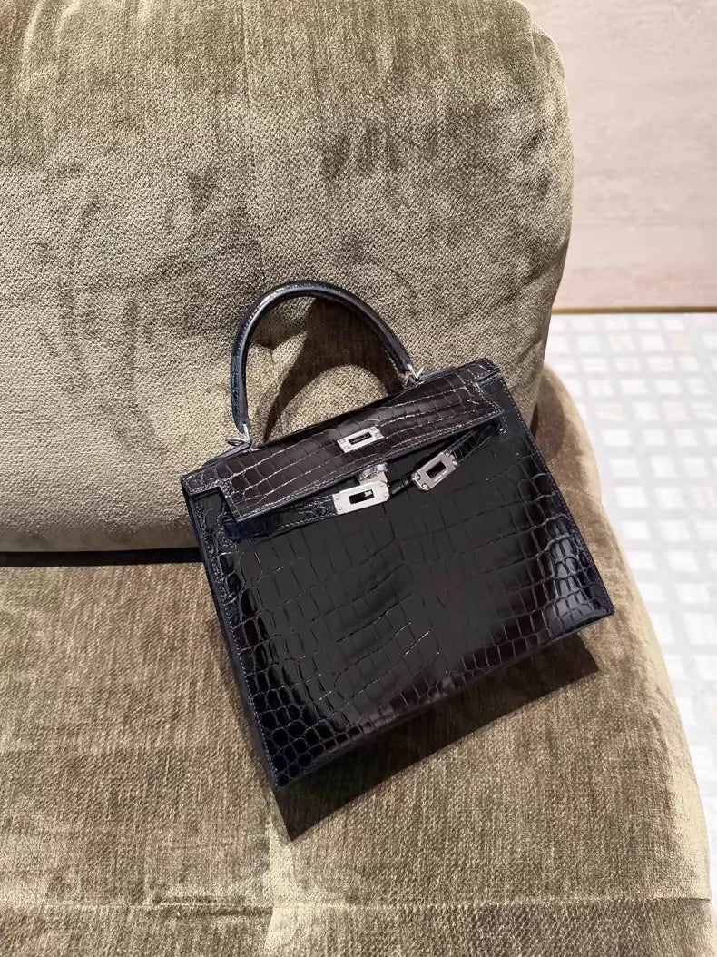 Hermes Kelly 25 CK89 black shiny crocodile leather palladium hardware