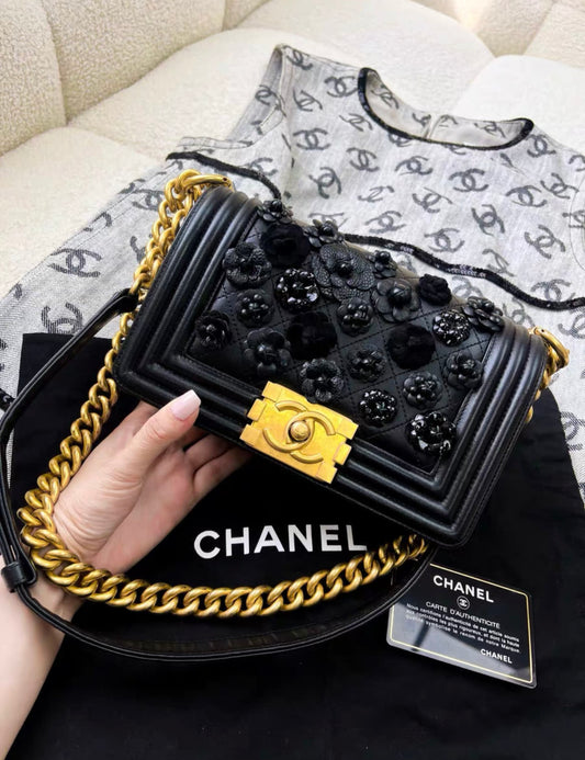 CHANEL Rare Chanel limited edition leboy camellia flower black leather chain bag - Small Crossbody Bag - Vintage fashion from Top Quality Luxury Designers Bag
