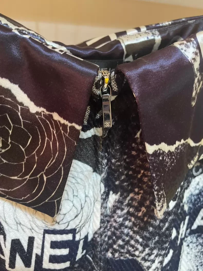 Chanel 2020 camellia letter graffiti satin patchwork off-shoulder jumpsuit