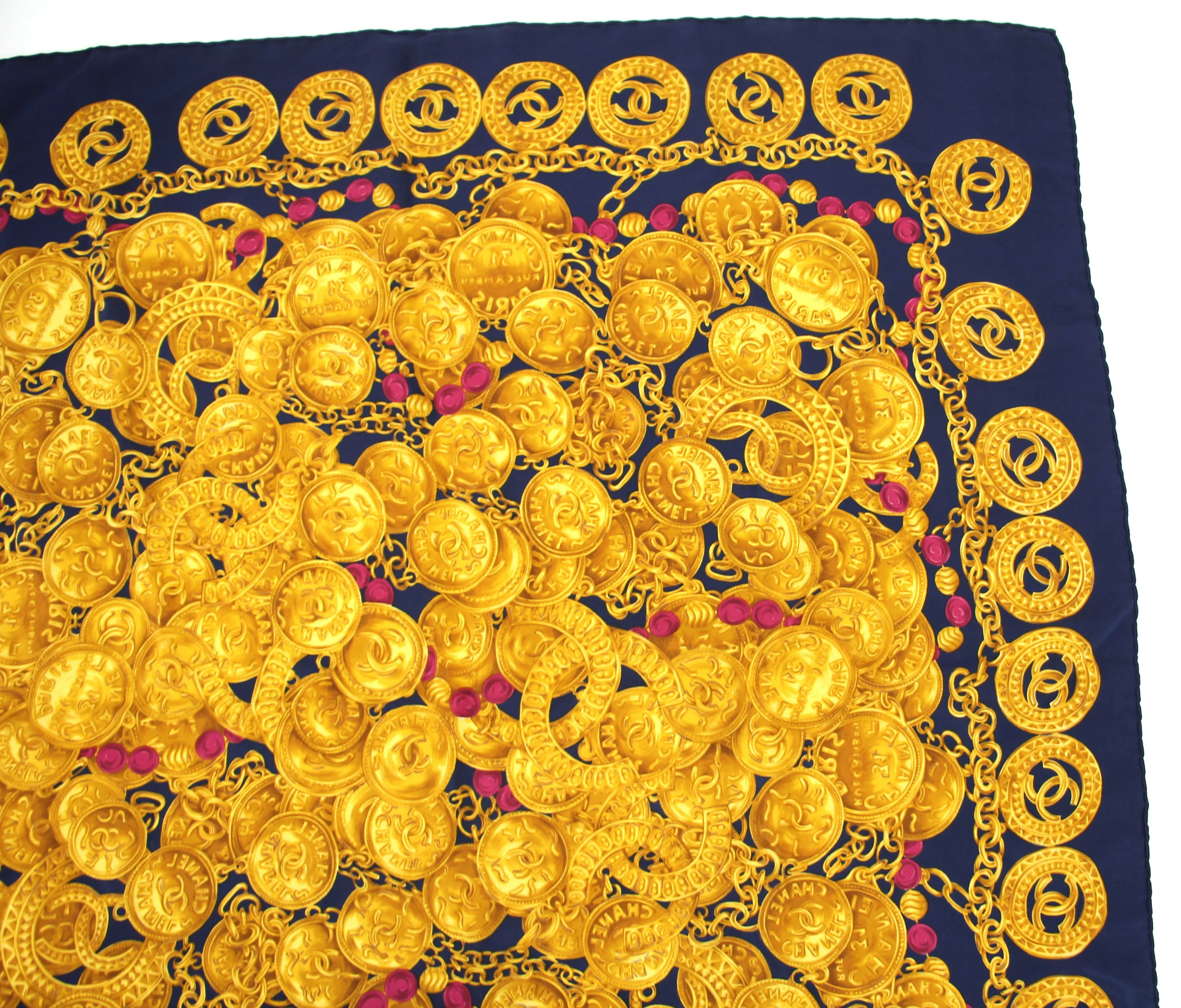 Chanel 100% Silk Navy Blue Chain and Gold Coin Pattern Scarf