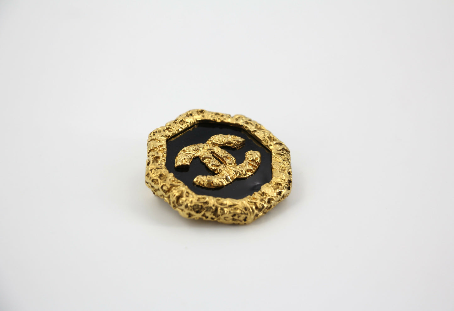 Chanel Vintage 93A Lava Octagonal CC Logo Black and Gold Tone Brooch