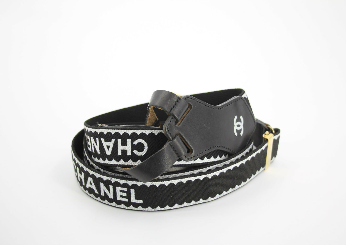Chanel Vintage 94P Leather  Canvas Coco Mark Suspenders in Black with Gold Hardware