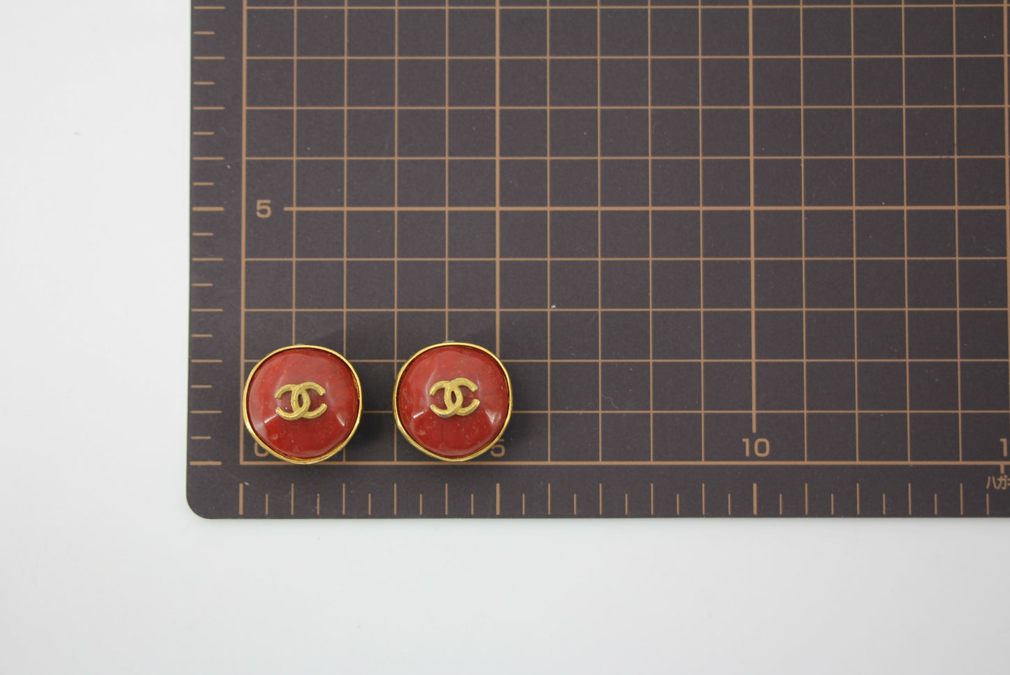 Chanel Vintage 98P Imitation Beeswax Red Gold-Tone CC Clip-On Earrings