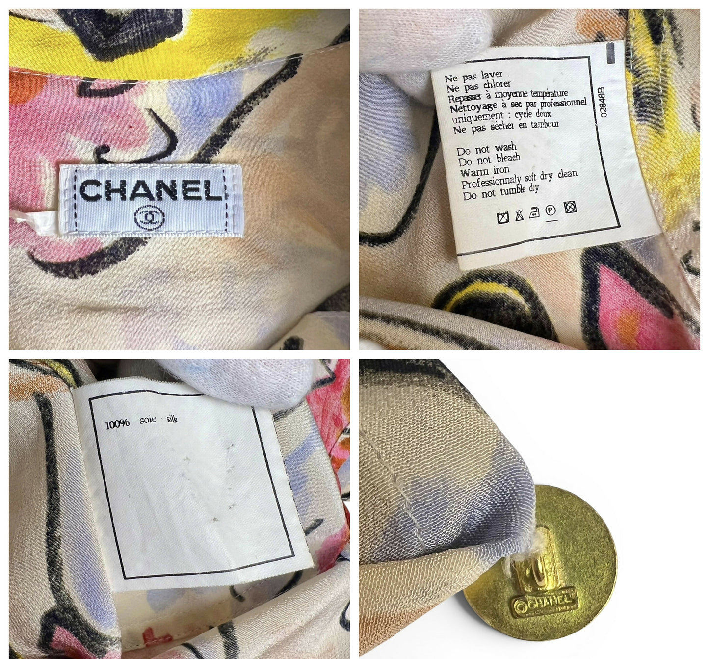Iconic Chanel 95P Barbie Collection CC Multicolor 100% Silk Logo Blouse FR 42/44