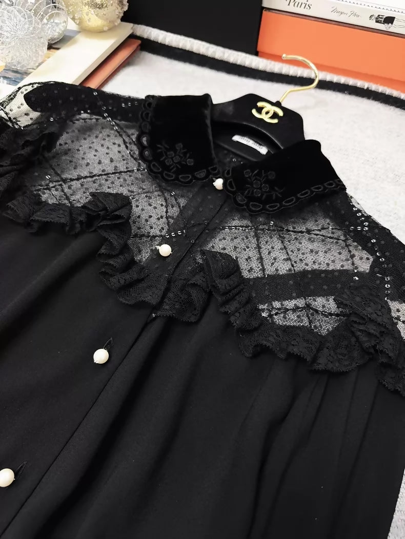 Miu Miu black silk and lace-trimmed shirt