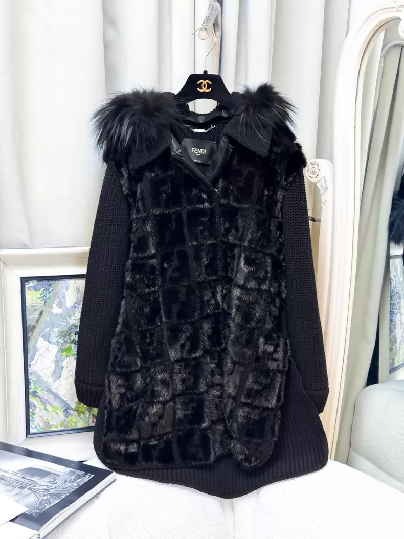 Fendi black fur hooded long winter coat