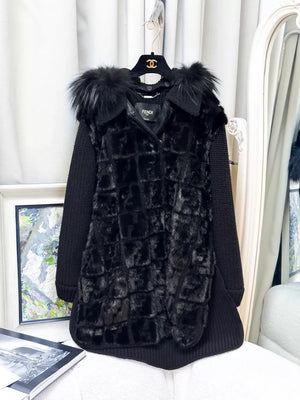 Fendi black fur hooded long winter coat