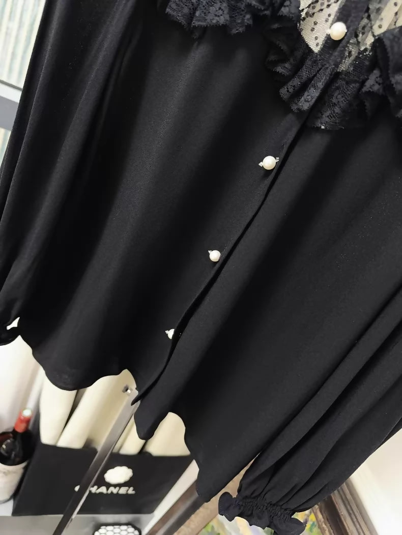 Miu Miu black silk and lace-trimmed shirt