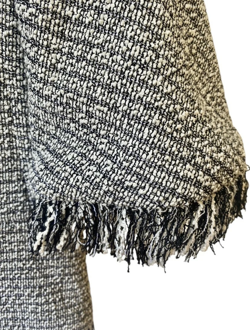 Chanel 18P Black White Ecru Boucle Tweed Fringe Jacket FR 44