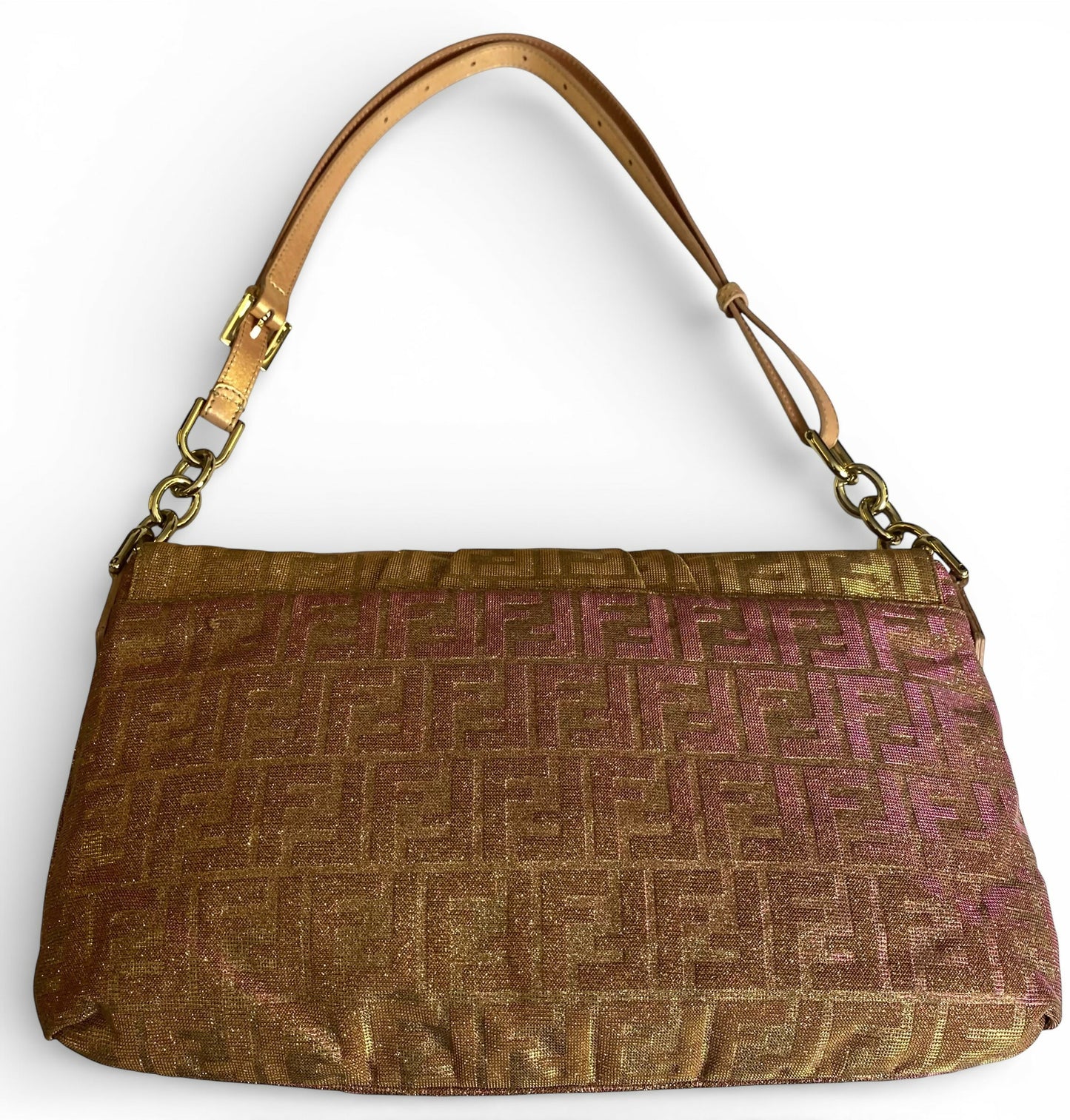 Limited Edition Fendi Zucca Baguette Metallic Pink Gold Iridescent Large Mia Bag
