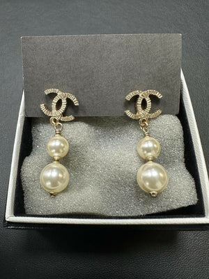Chanel Vintage 2006 Imitation Pearl  Metal CC Motif Pendant Earrings