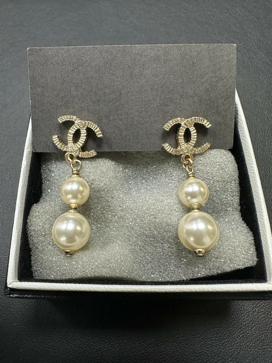 Chanel Vintage 2006 Imitation Pearl  Metal CC Motif Pendant Earrings