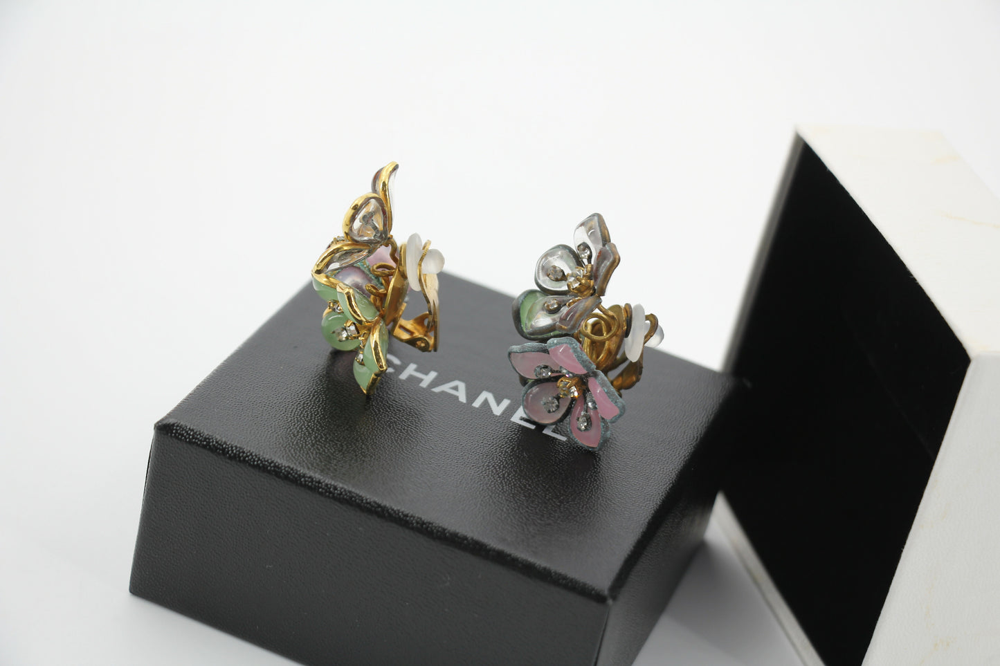 Chanel Vintage 71-80 Rhinestone Pink and Green Flower Earrings