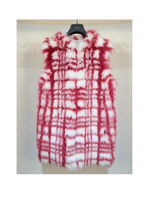 Dior red and white checkered fox fur vest