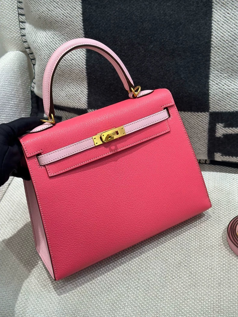 Hermes Kelly 25 Lipstick Pink  Pink Sakura Goat Leather brushed gold hardware