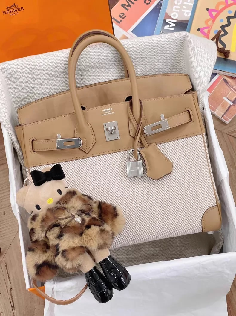 Hermès Birkin 25 biscuit 4B Swift leather and canvas palladium hardware