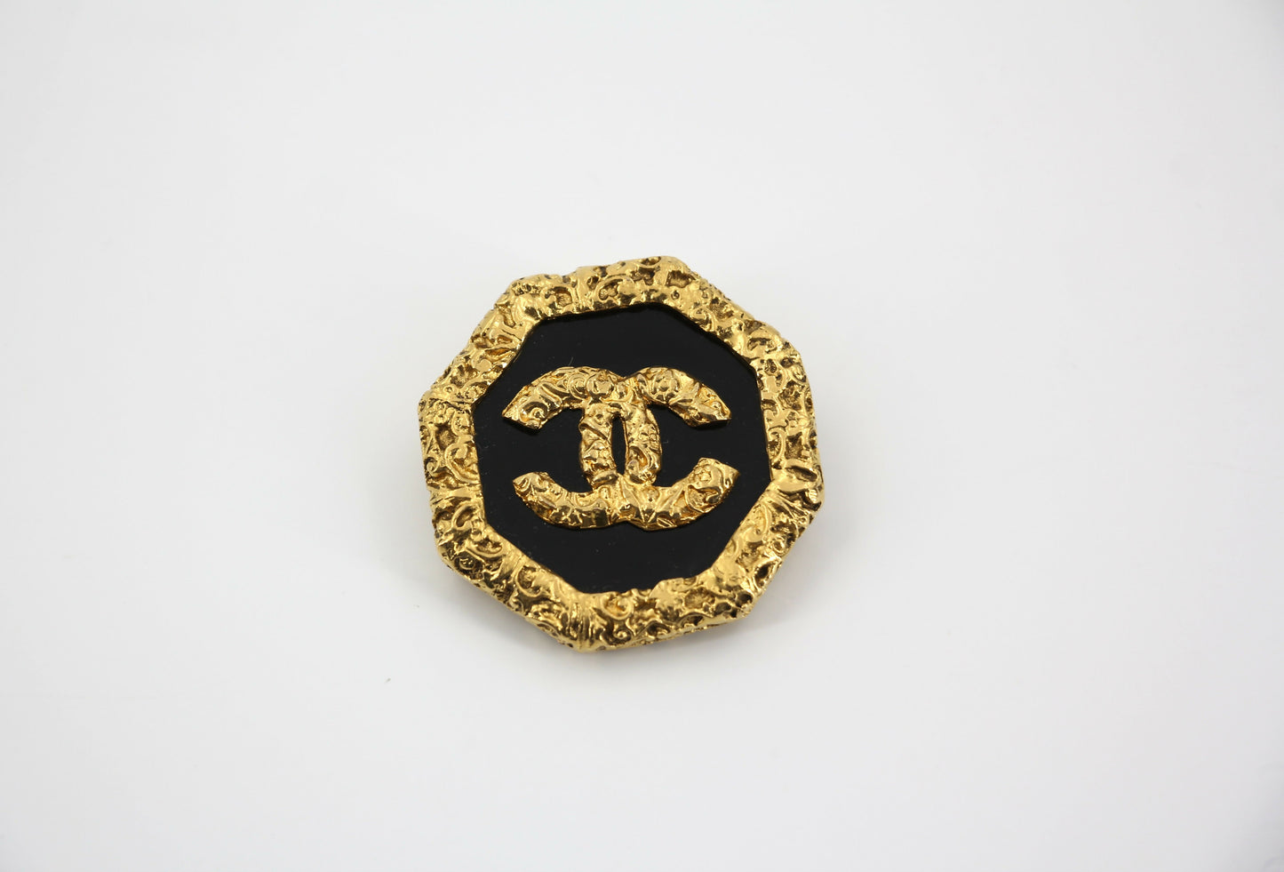Chanel Vintage 93A Lava Octagonal CC Logo Black and Gold Tone Brooch