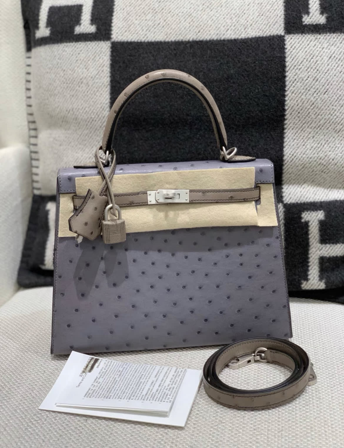 Hermès Hermès Kelly Sellier 25 Horseshoe Stamp (HSS), Bi-Color: Gris Agate, Ostrich Leather, Palladium Hardware - Kelly 25 Crossbody Bag - Vintage fashion from Top Quality Luxury Designers Bag