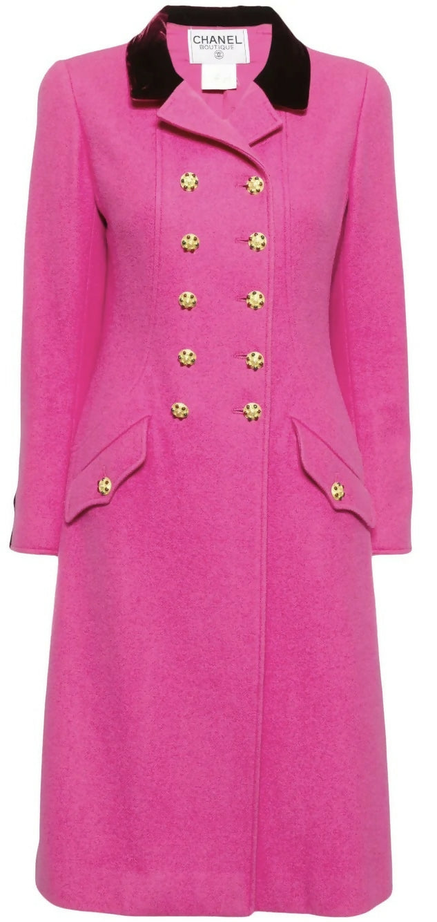 Rare Chanel 96A Vintage Pink  Burgundy Velvet Trim Gripoix Double Breasted Coat FR 38