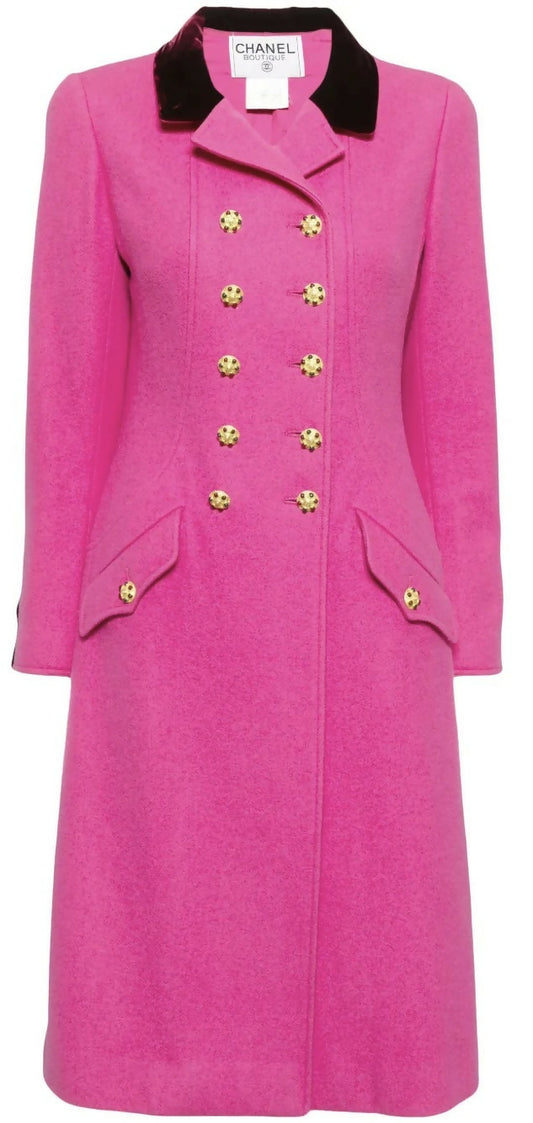 Rare Chanel 96A Vintage Pink  Burgundy Velvet Trim Gripoix Double Breasted Coat FR 38