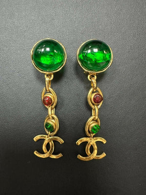 Chanel Vintage 93 Gripoix  Gold Plated Green Red CC Dangle Clip-on Earrings