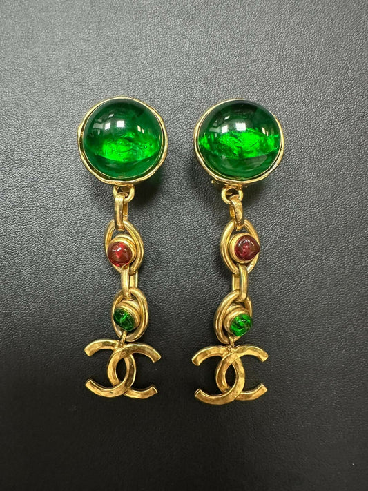 Chanel Vintage 93 Gripoix  Gold Plated Green Red CC Dangle Clip-on Earrings