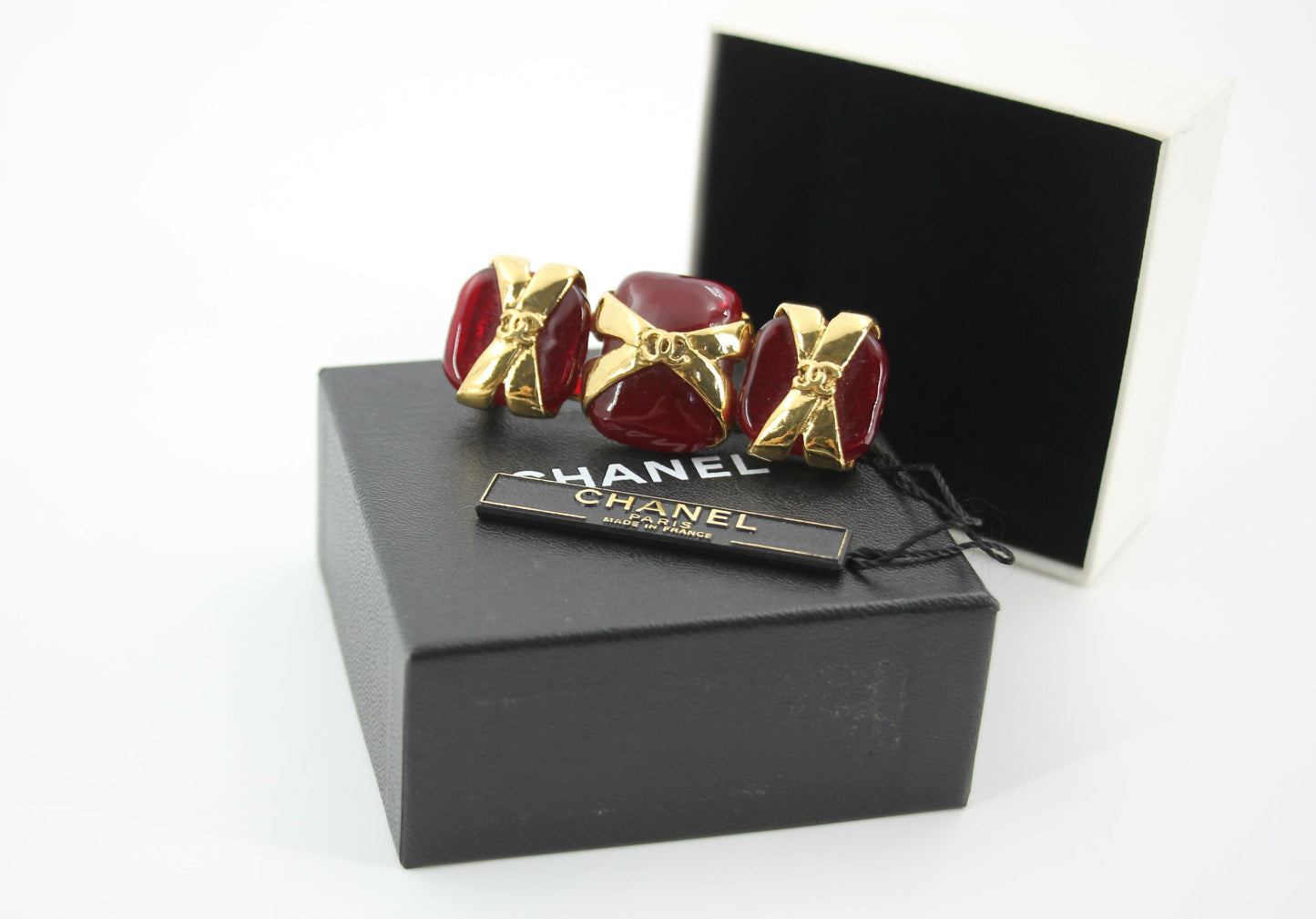 Chanel Vintage 94P Gripoix Red CC Gold Plated Rectangular Cross Brooch