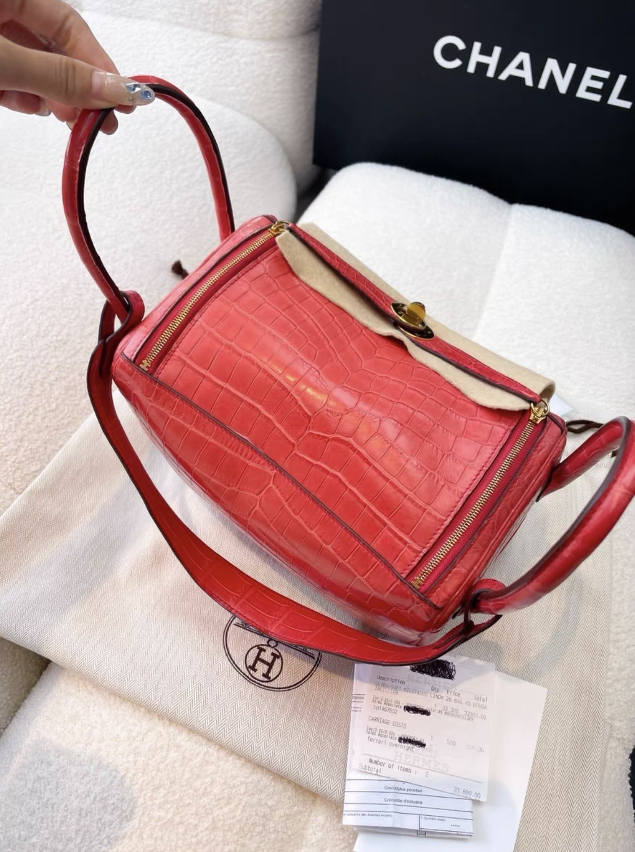 Hermes Lindy26, red gold buckle two-point matte crocodile leather