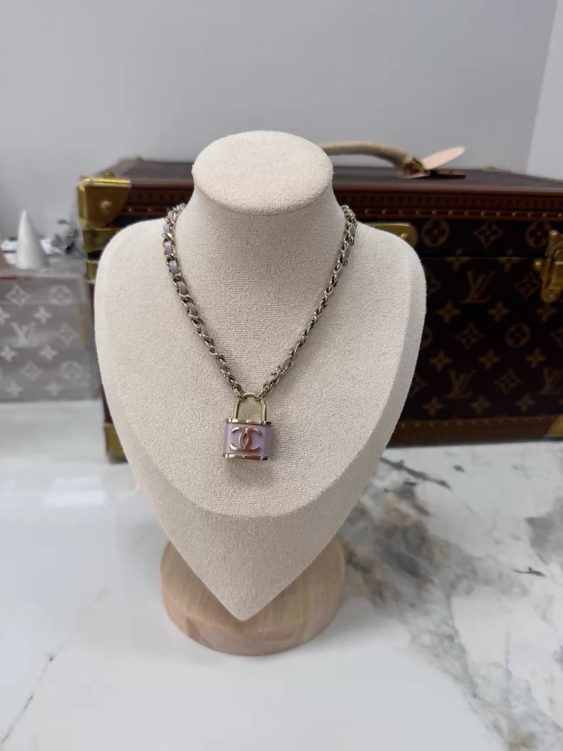 Chanel pink lock leather necklace