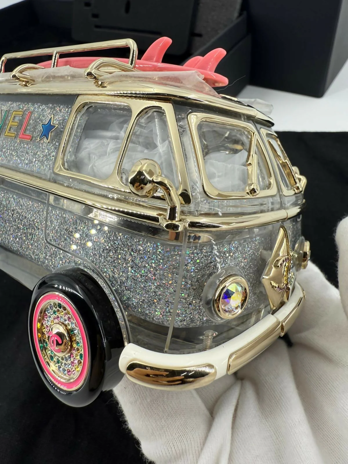 Chanel Cruise 24C Silver Glitter Lucite, Multicolor Rhinestone & Enamel Hollywood Mini Van Minaudière with Light Gold Hardware