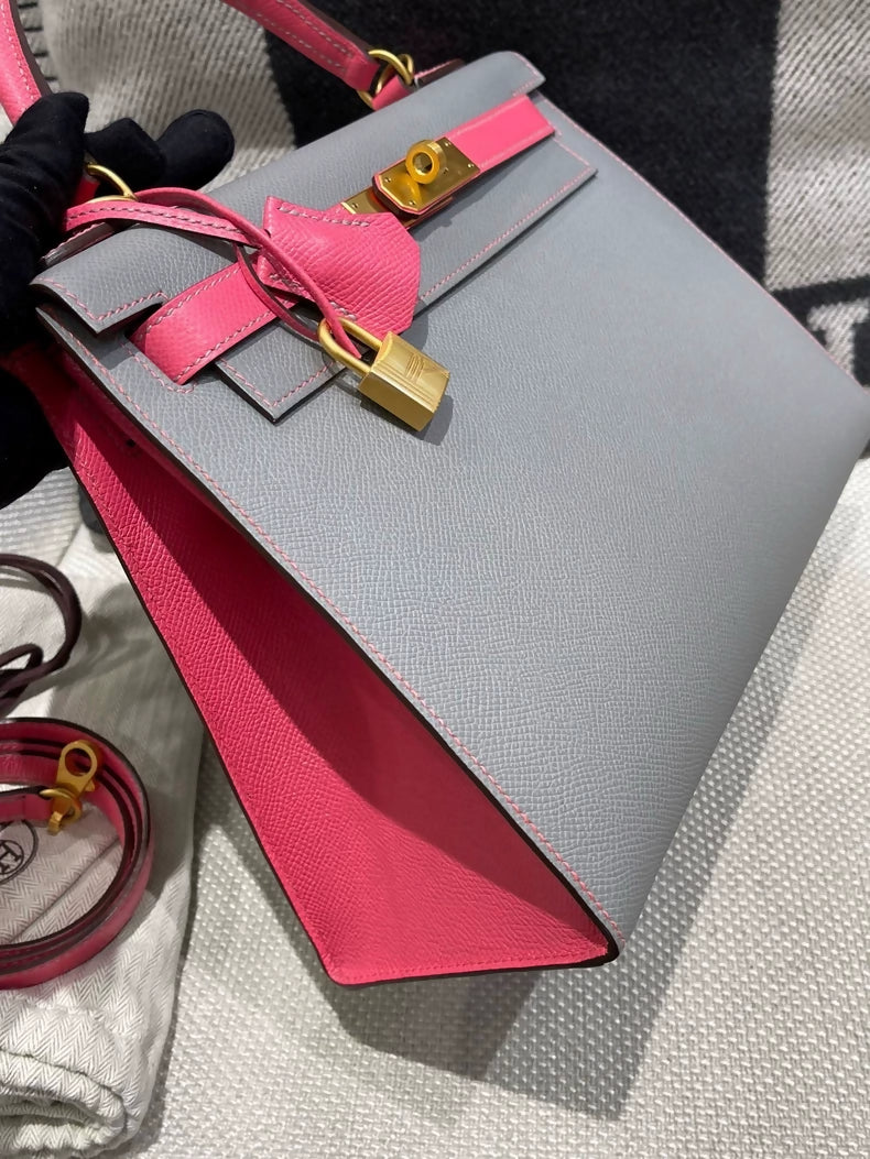 Hermes Kelly 28 Grey  Pink Epsom Leather with brushed gold hardware
