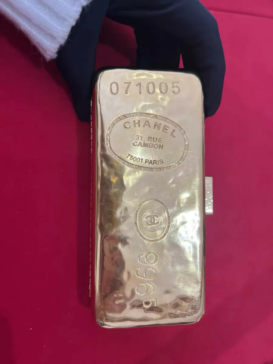 Chanel Hammered Gold Metal Bullion Bar Minaudière Clutch Gold Hardware