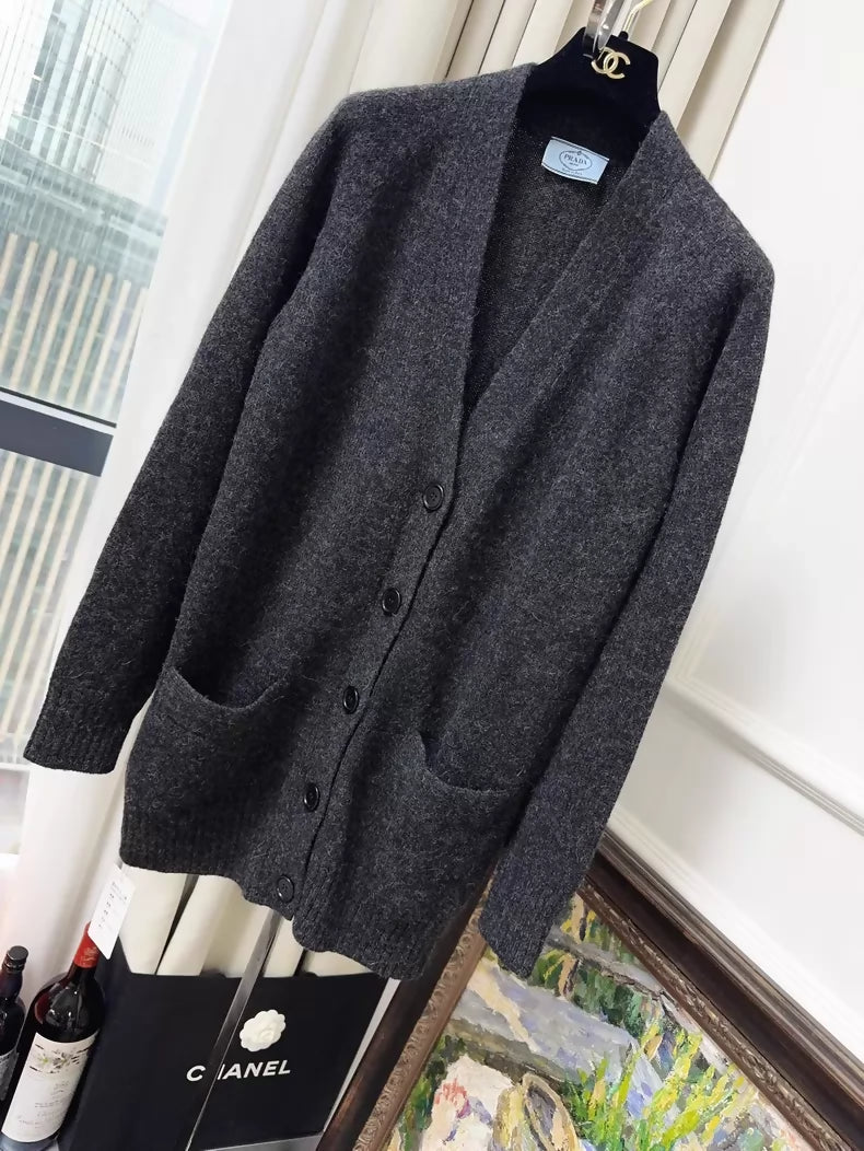 Prada dark grey V-neck knit cardigan