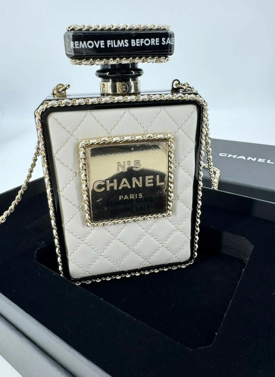 Chanel 22S Plexiglass Black Quilted Leather and White Perspex Perfume Bottle Minaudière Mini Flap Bag