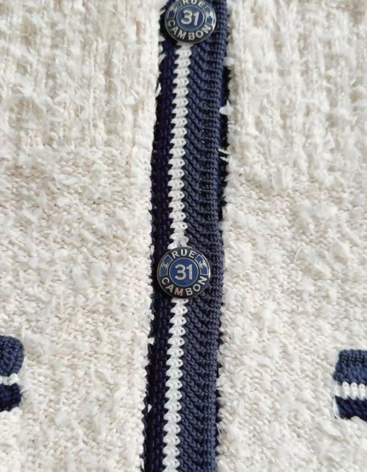 Chanel 19P Sand by the Sea Fantasy Tweed Ivory Navy Short Sleeve Dress FR 36