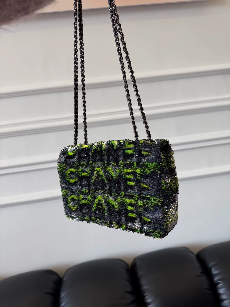 Mini Chanel CF bag with gradient neon green lettering and sequins