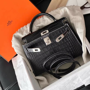 Hermès Mini kelly Black Matte Crocodile with PalladiumHardware