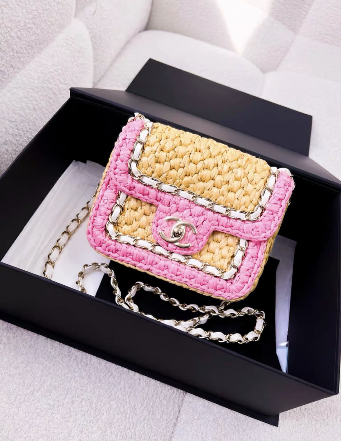 CHANEL Rare Chanel 24C Mini Flap Bag Pink Raffia Effect Braid/Metal - Mini Mini Bag - Used fashion item from Top Quality Luxury Designers Bag