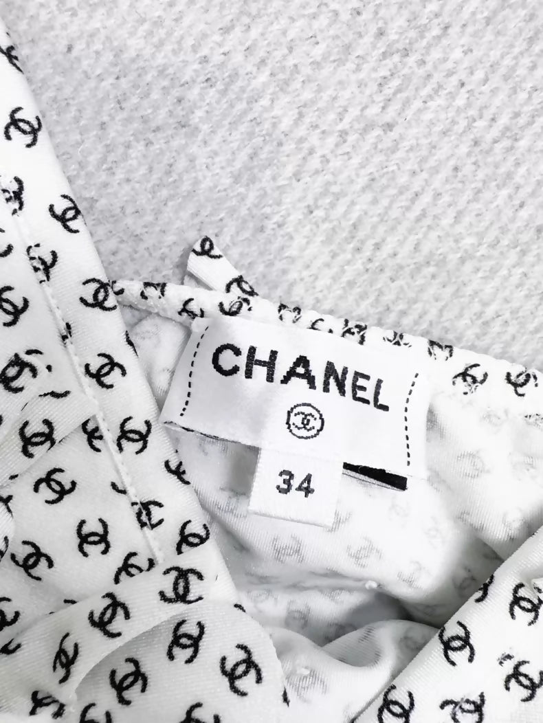 Chanel White Camisole with All-over Black Logo Print and 3D Floral Design