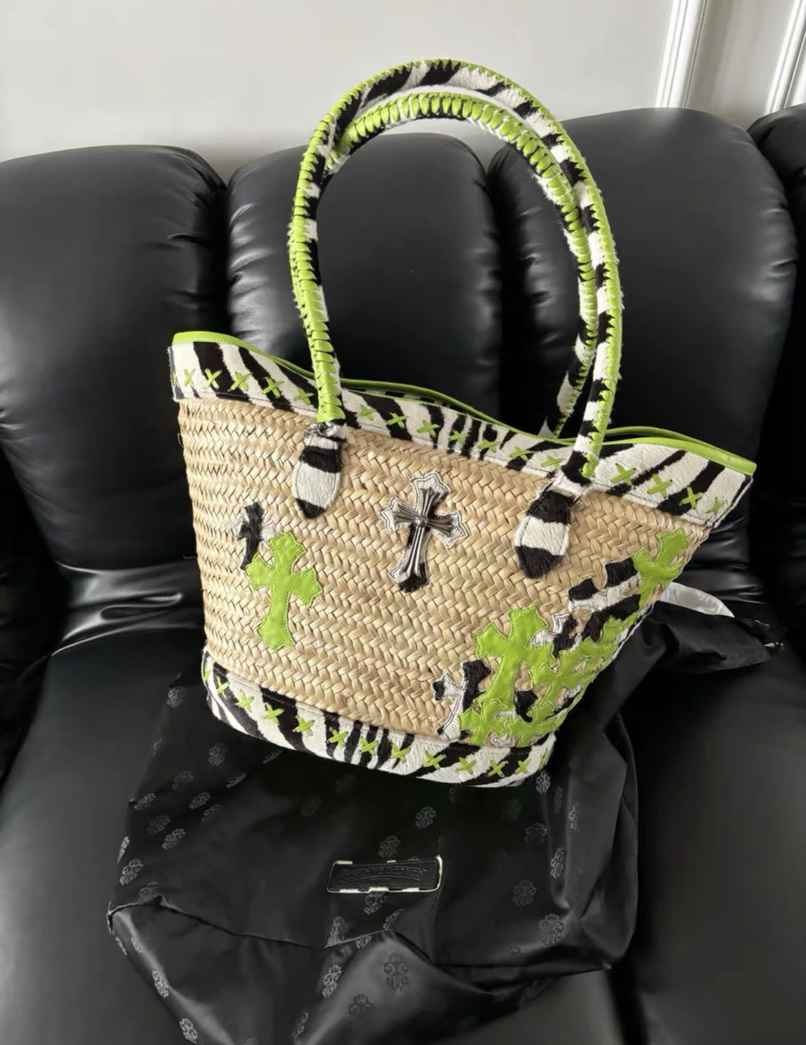 Chrome Hearts Chrome Hearts limited edition green woven raffia bag - Big Tote Bag - Vintage fashion from Top Quality Luxury Designers Bag