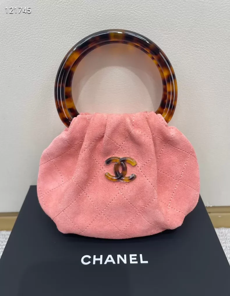 Chanel 26C tortoiseshell handle pink suede handbag