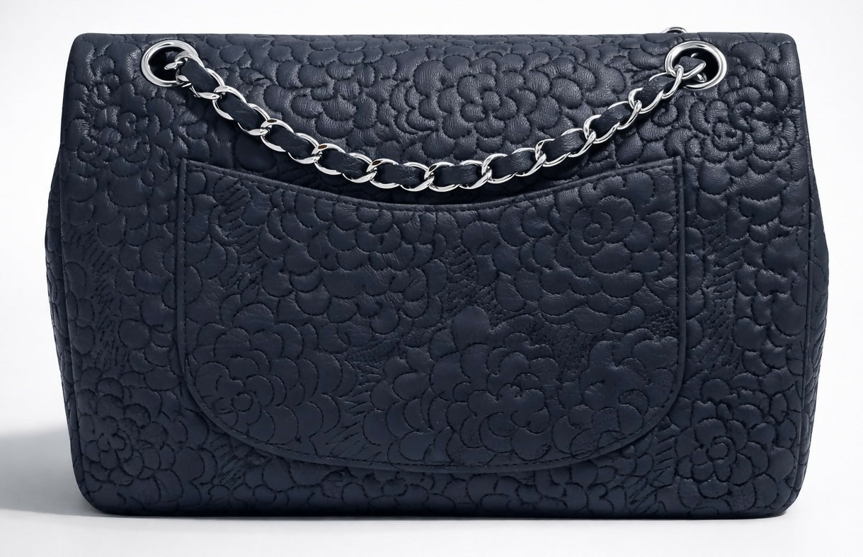 Chanel Medium Double Flap Black Camellia Lambskin Classic Timeless Bag SHW