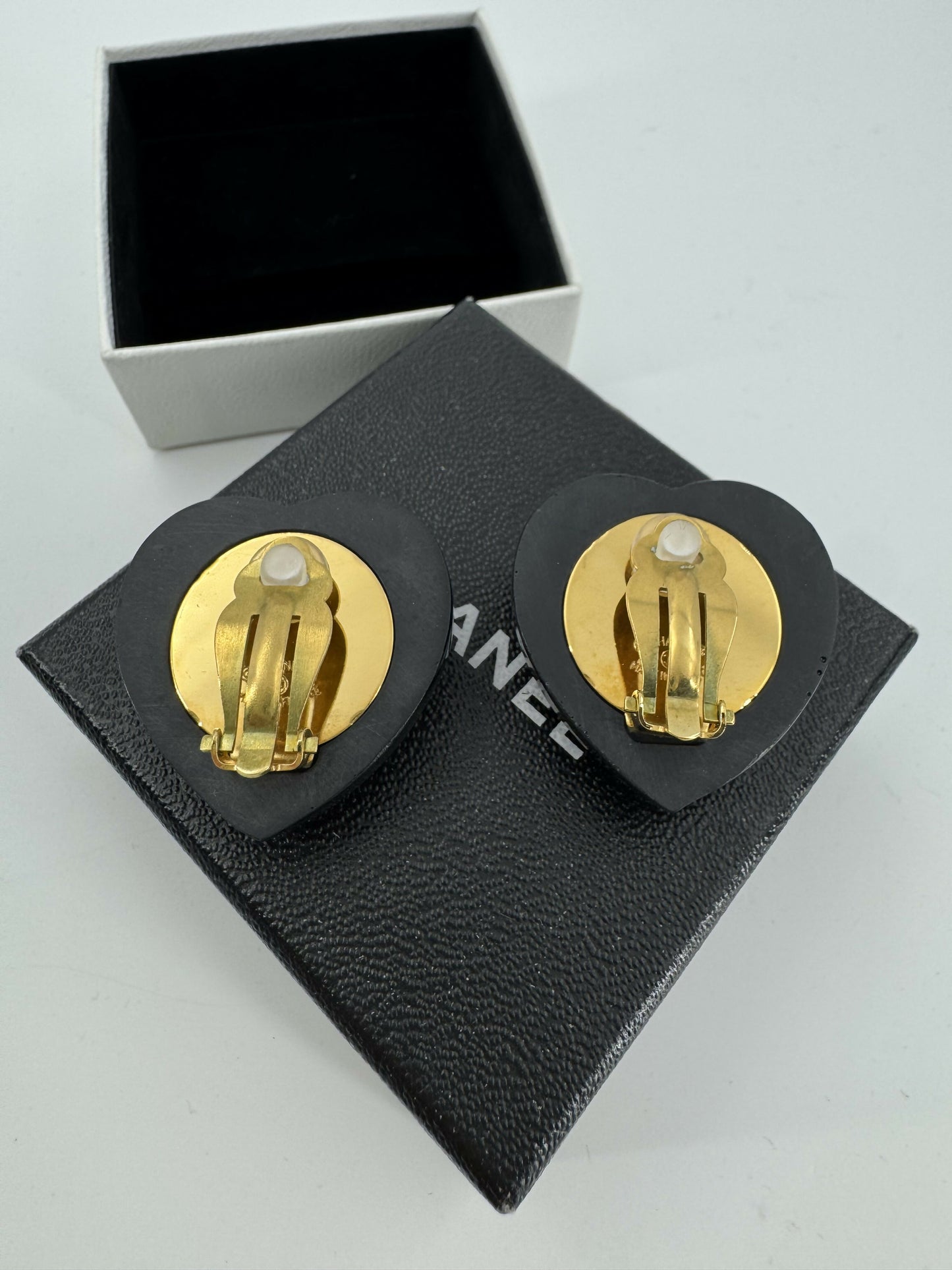 Chanel Vintage 95P Rhinestone  Gold Plated Heart-shaped Black and Red Clip-on Earrings