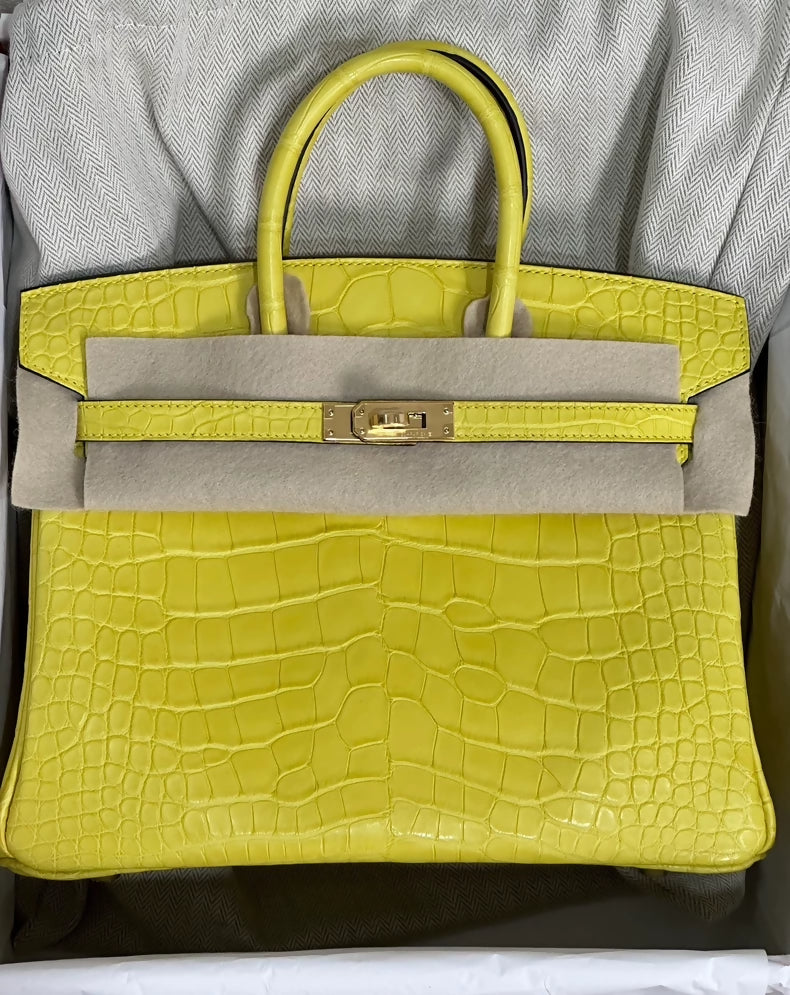 Hermes Birkin 25 M9 Mimosa yellow matte crocodile leather gold hardware