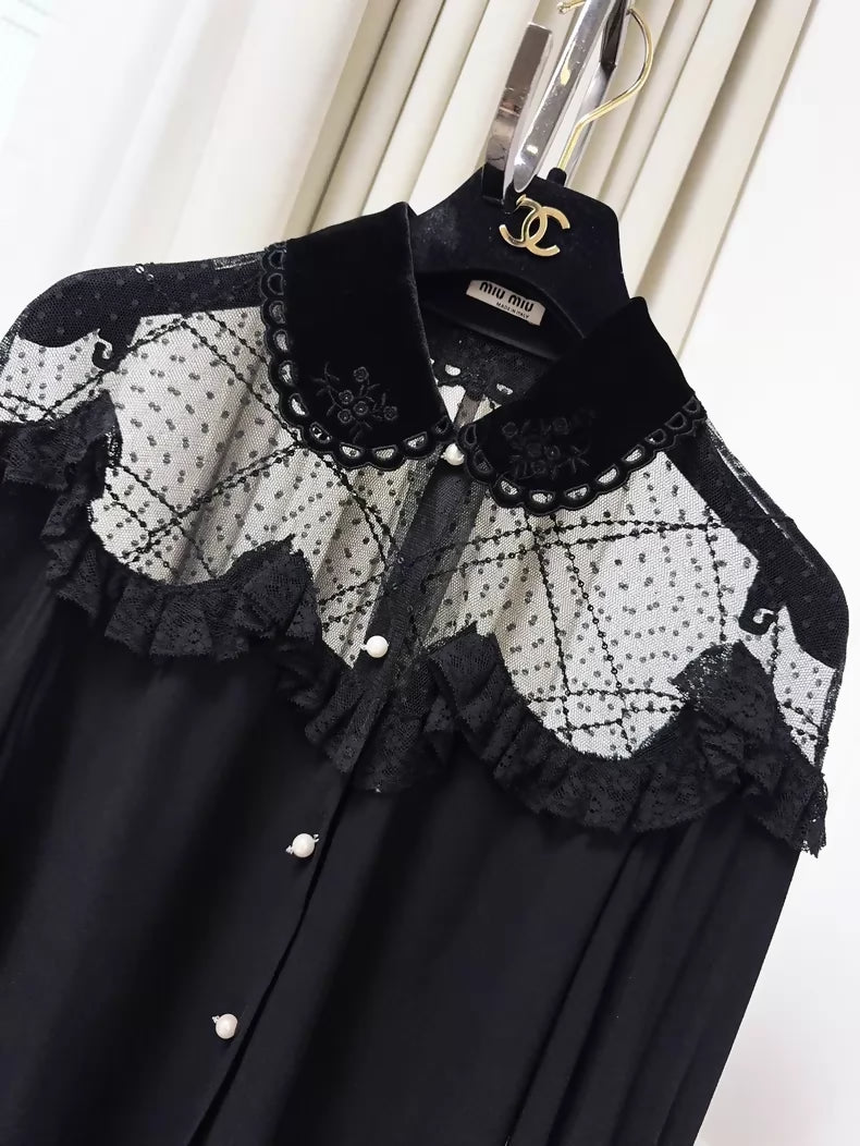 Miu Miu black silk and lace-trimmed shirt