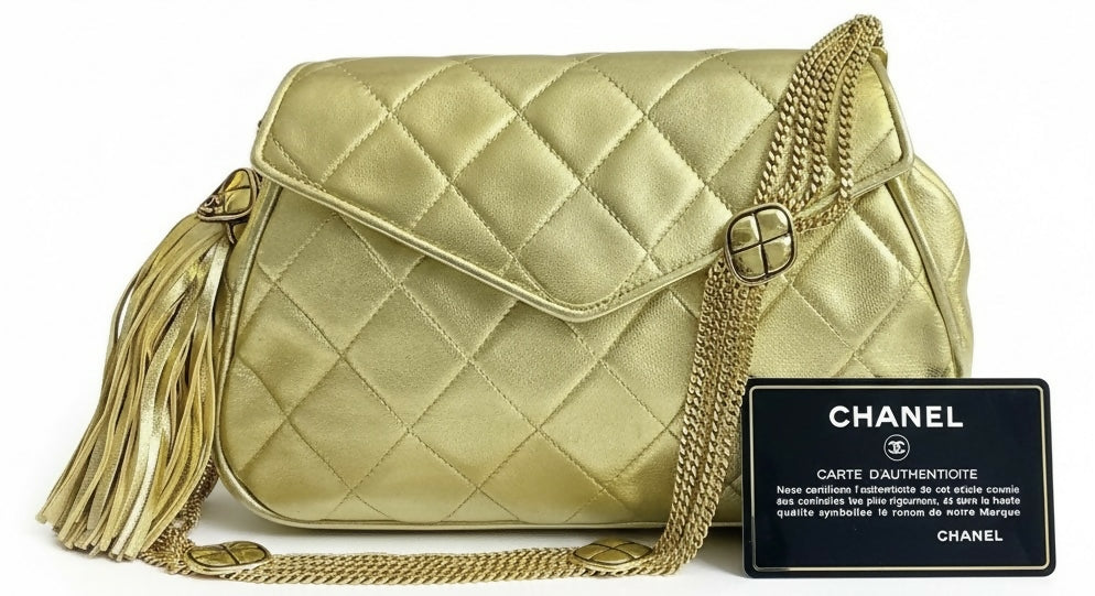 Rare 90’s Chanel Vintage Gold Quilted Lambskin Leather Multi Chain Jewelry Tassel Bag
