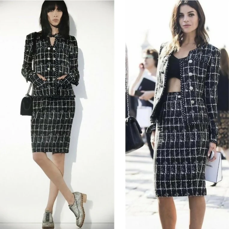 Chanel 14P Black Grid Tweed Braided Trim Double Breasted Jacket FR 36
