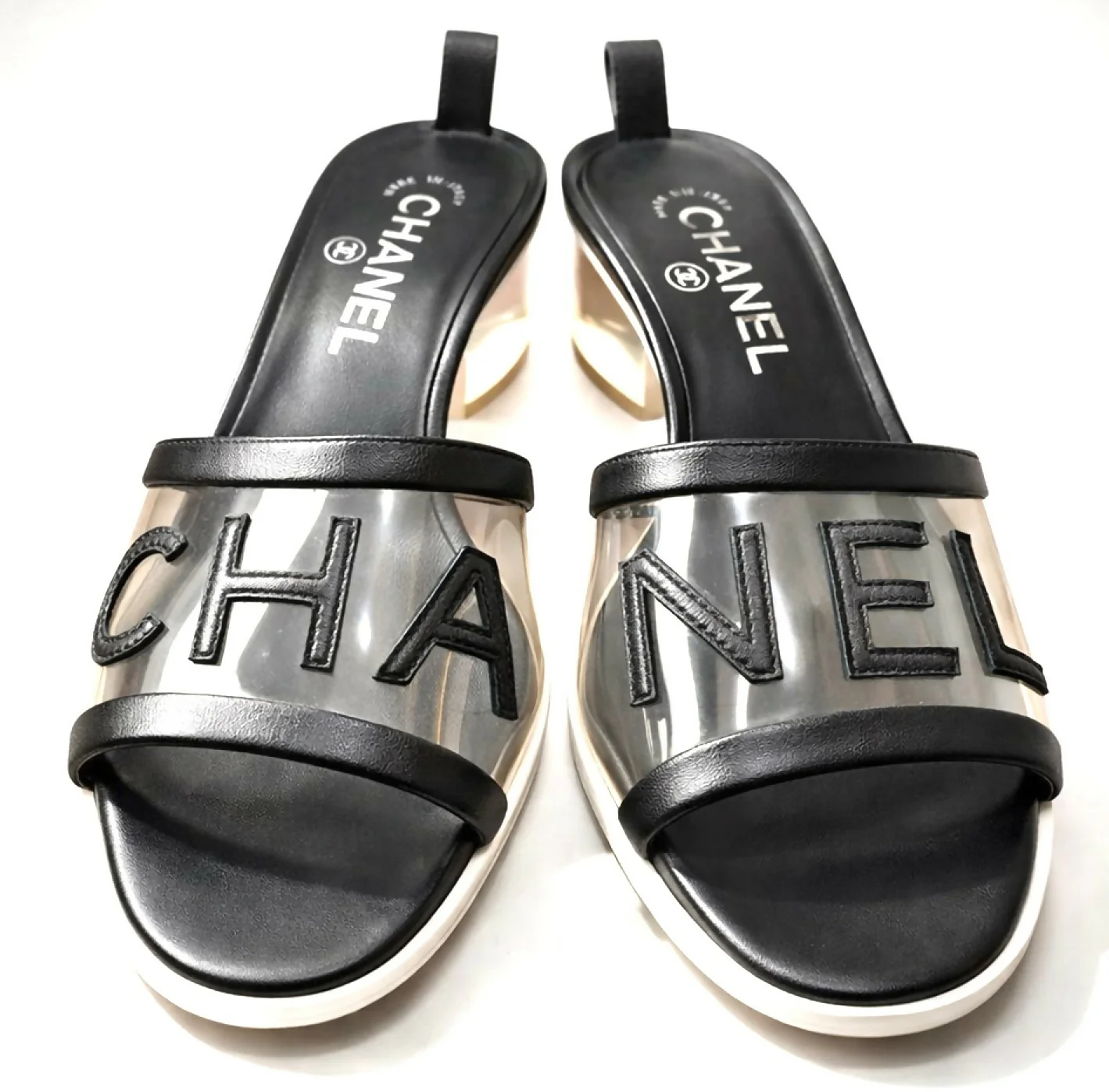 Chanel 19S Sand by the Sea Runway PVC Black Leather Heel Mule Slides EU 37.5C