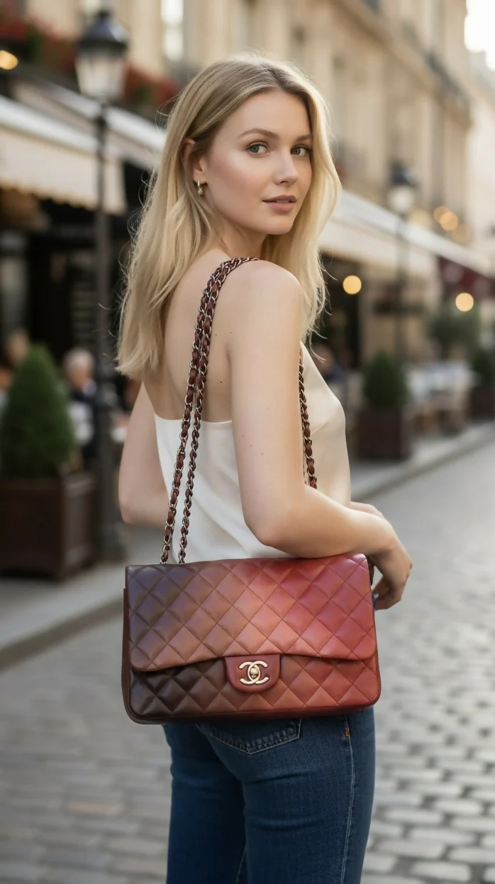 Chanel Jumbo Classic Ombre Pink Burgundy Quilted Lambskin Single Flap Bag